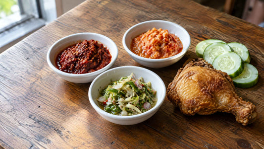 Padanan Sambal By NCC menampilkan tiga sambal merah dan hijau dalam mangkuk putih, ditemani ayam goreng dan irisan mentimun.