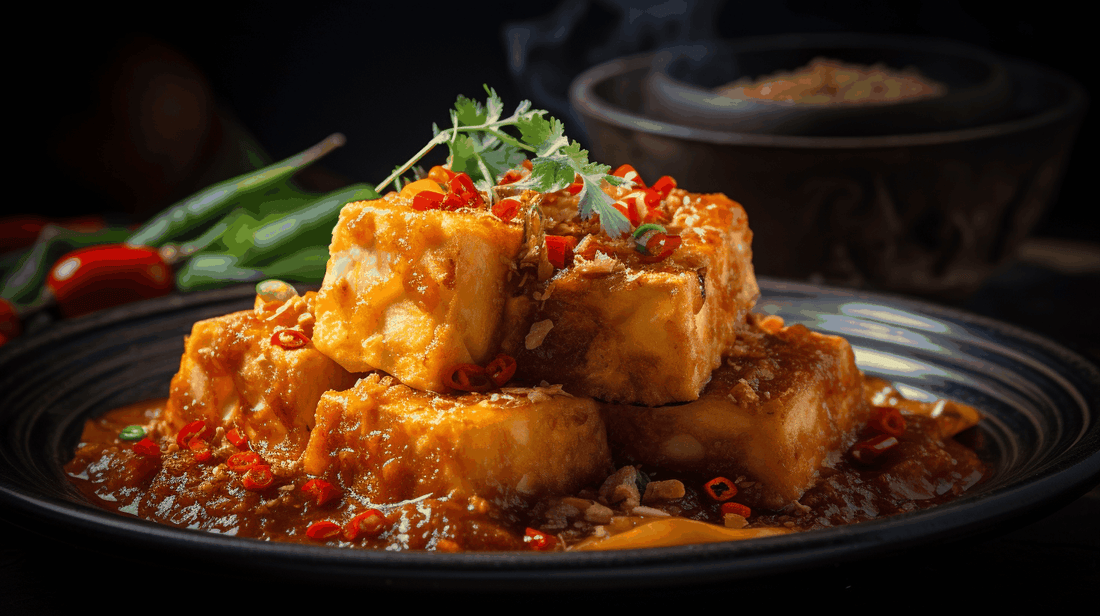 Tahu telur goreng spesial ala Nancy dengan taburan daun bawang dan saus pedas manis