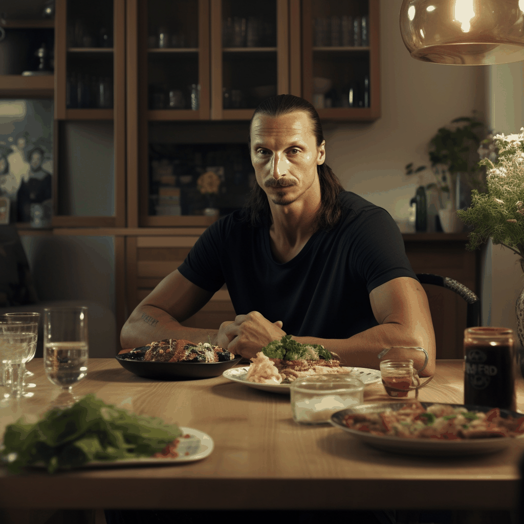 Zlatan Ibrahimovic cooking with white seasoning spices in the kitchen and playing football on the field