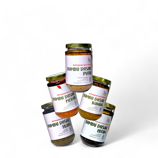 Bundling 5 bumbu dasar instan favorit premium termurah dalam toples, lengkap warna putih, merah, kuning, hijau, hitam.