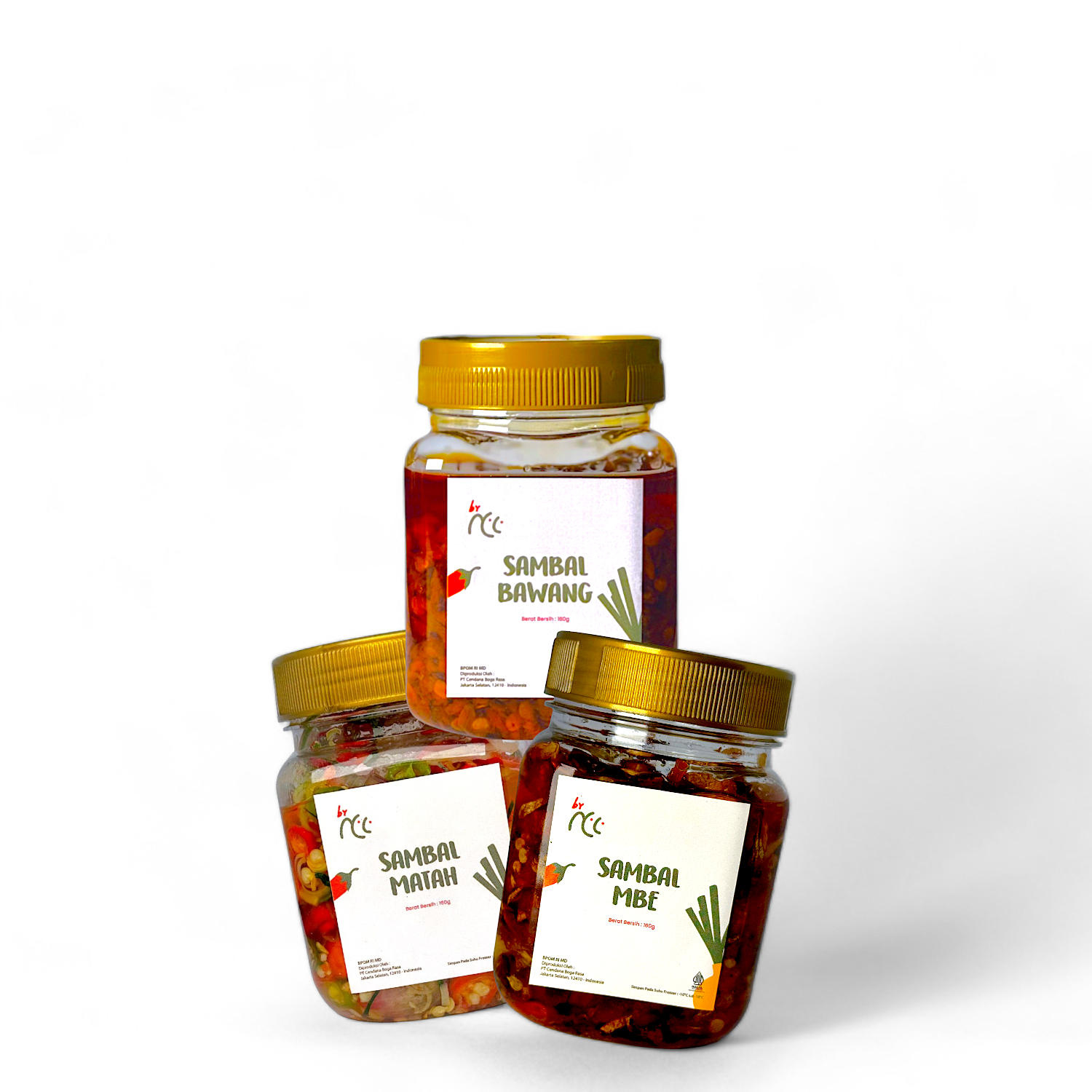 tiga toples sambal Bali Mbe Matah Bawang kemasan kaca tutup kuning pedas berkualitas murah