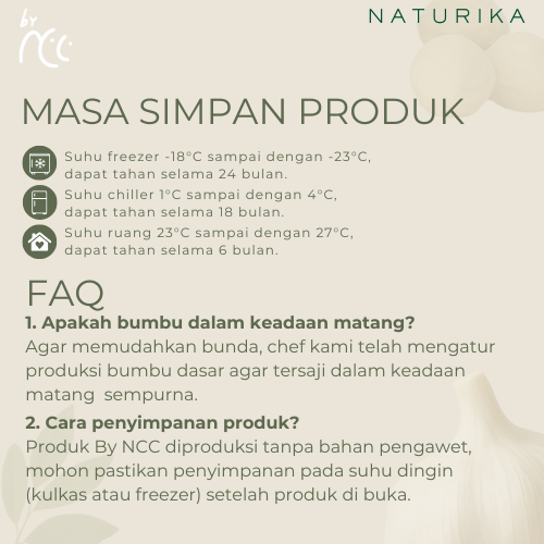 By NCC Naturika bumbu dasar putih 160gr premium tanpa MSG, gula, garam, simpan di suhu freezer, chiller, atau ruang sesuai ketentuan