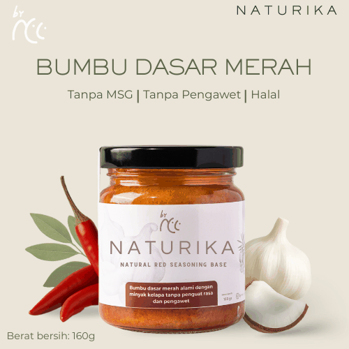 Naturika Bumbu Dasar Merah 160gr By NCC, toples kemasan dengan cabai merah, bawang putih dan kelapa