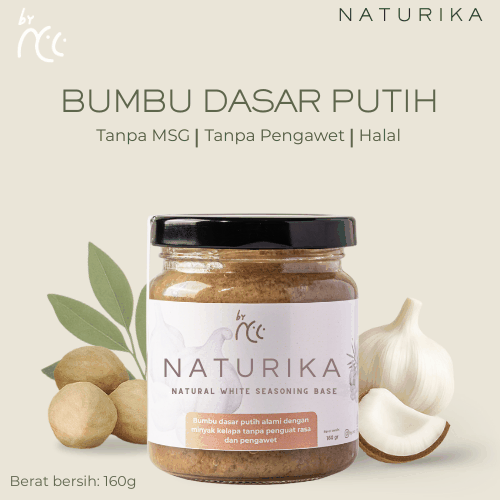 Naturika Bumbu Dasar Putih 160gr By NCC, toples kemasan dengan bawang putih, kelapa dan daun salam